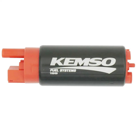 Side view of Kemso fuel pump, black and red, labeled for gasoline engines. 340LPH High Performance Fuel Pump Replaces Walbro 255LPH GSS341...