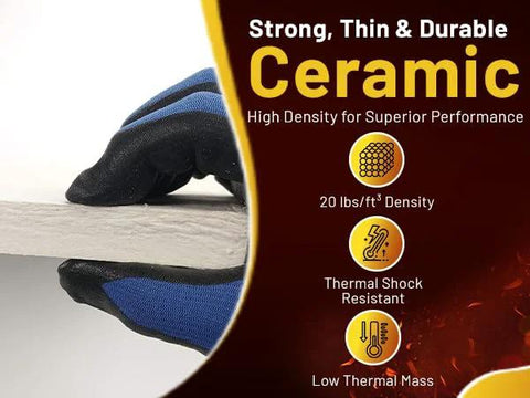 Ceramic fiber board insulation, 1/2 in thick, 12 x 16 in, two-pack; gloved hand pressing the board edge