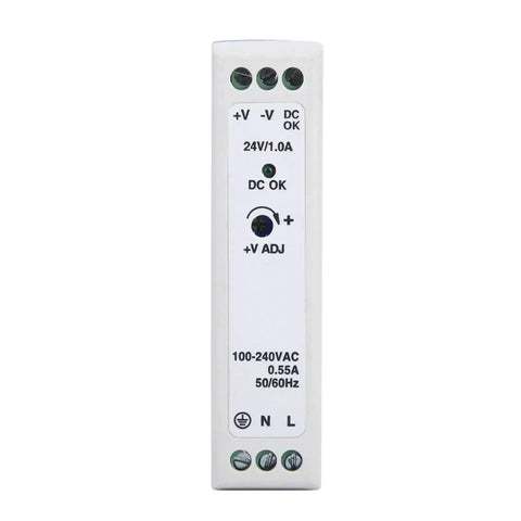Rugged 24V DC Power Supply For Industrial Control, 1A Output, 24W, Wide Input 85VAC To 264VAC, front view on white background.