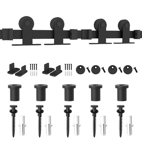 6.6Ft Antique Top Mount Double Sliding Barn Door Hardware Cabinet Kit Black Finish With 79.2In Track components view