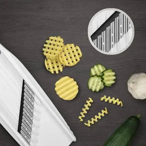 Wave Waffle XXL Crinkle Cutter For Veggies And Fries, Spiral Slicer showing wave-cut vegetables and lattice potatoes, white, Germany