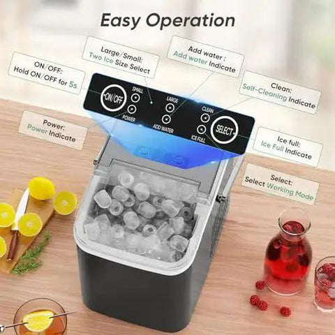 Portable Countertop Ice Maker With Handle 26 Lbs 24H 9 Bullet Ice In 6 Minutes showing control panel and bullet ice output