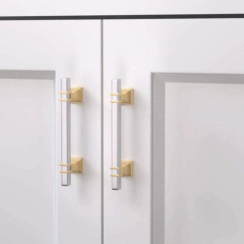 12 Pack Two Tone Cabinet Pulls With 3 Inch Hole Centers Brushed Nickel And Gold Zinc Alloy Square Tube Handles on cabinets