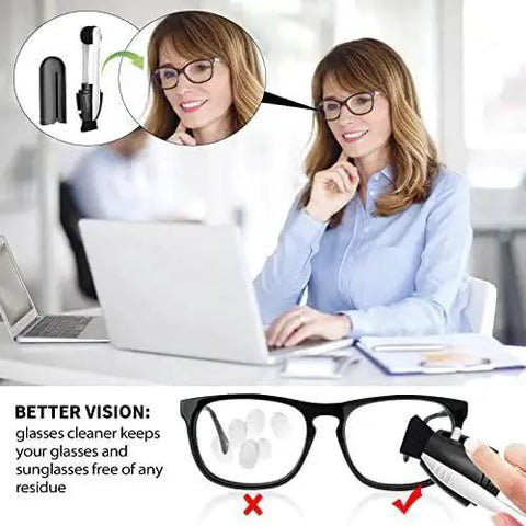 Woman using Portable Carbon Microfiber Eyeglass Cleaner 3 Pack With Sunglasses Brush to clean glasses in office setting