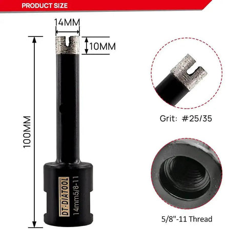 Diamond Drill Core Bits 14mm Diameter 2 Pack Welded Hole Saw For Concrete Granite Marble Hard Stone Heavy Duty With Five Eighth Inch Eleven Thread Wet Use Grit 25 35 Ideal For Faucet Holes In Stone Countertops And Plumbing Lines. Close-up showing dimensions and threading details