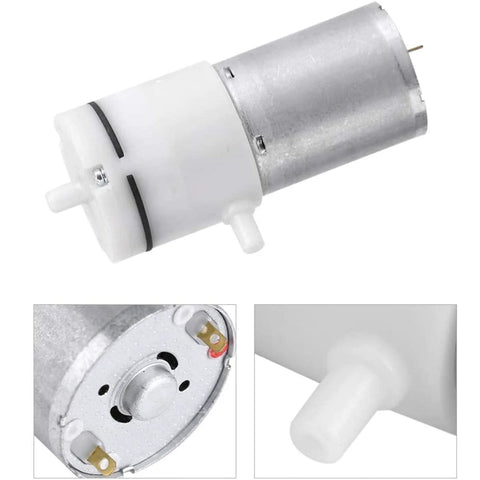 Micro air pump DC 12V for medical instruments; side view shows white plastic housing, metal motor body, and side nozzle