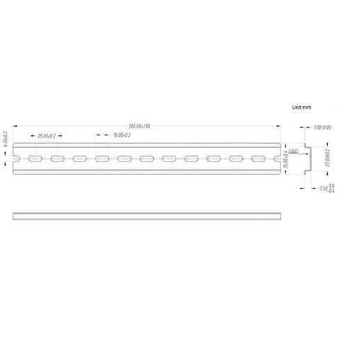 Technical drawing of Ten Pieces TS35 7.5 Slotted DIN Rail Zinc Plated SPCC Steel With RoHS CE 12 Inch Long 35mm Wide 7.5mm High Built Tough Durable