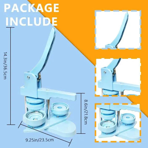 DCBADGE 58mm Button Maker Machine in light blue with lever and base; front, side, and close-up views.