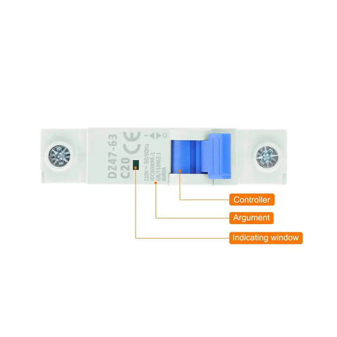 Close-up of Four Pack 1P 20A 110V Miniature Circuit Breaker DZ47-63 DIN Rail Mount Disconnect Switch with blue toggle switch.
