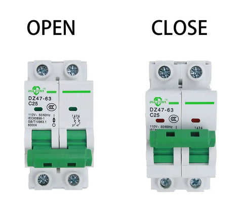 Miniature Circuit Breaker 3 Pack DZ47 63 110/240V 2 Pole 16A MCB shown open and closed for home and solar installations