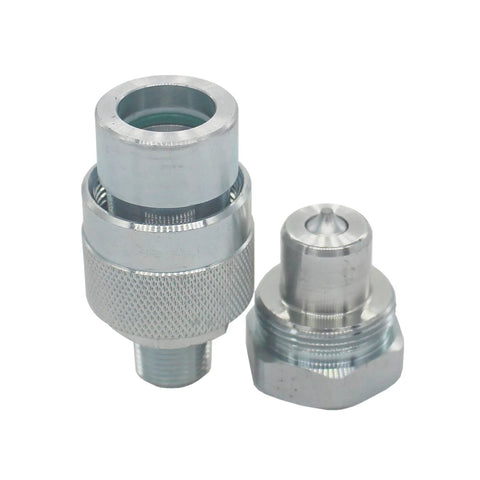 KZE-B-03 hydraulic quick-connect couplers, two-piece metal set with 3/8-inch NPT threads and knurled grip.