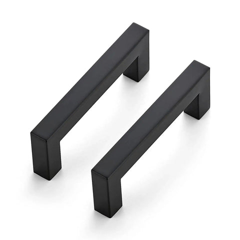 Two handles from 30 Pack Three And A Half Inch Square Cabinet Handles Matte Black Pulls For Kitchen Cabinets And Drawers Center To Center Three And A Half Inch Hardware Durable Cupboard Drawer Pulls Modern Kitchen Cabinet Accessories