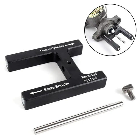 Black BARTOO brake adjustment tool with Master Cylinder and Brake Booster arms; includes steel push rod and screw.