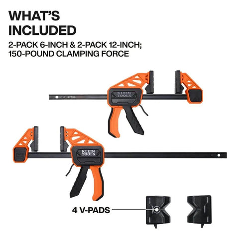 Speed Klamp Bar Clamp Set 6 Inch And 12 Inch 4 Pack With 150 Pound Clamping Force shown with V-pads