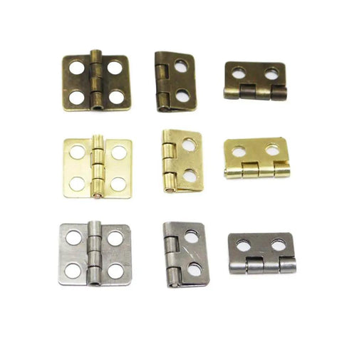 Assorted mini hinges, bronze and brass finish, showing Vintage Style Mini Copper Hinges Set With 50 Pieces And 200 Nails For Wooden Boxes Jewelry Chests And Cabinets DIY Hardware Bronze 13x12mm Daimay Antique Brass Finish And Easy Install