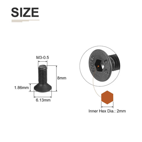 M3 0.5x8mm Hex Socket Flat Head Screws size diagram showing dimensions and black oxide finish.