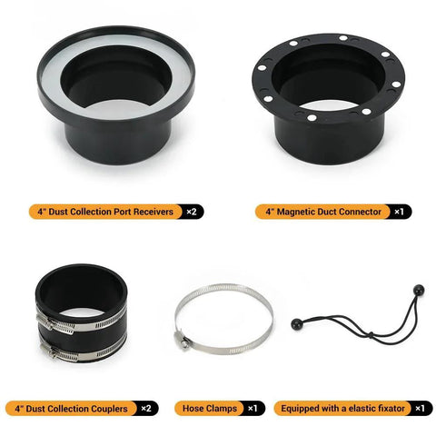 Magnetic Dust Collection Fittings Starter Kit For Woodworking And Shop Vacuums 4 Inch Hose Quick Connectors shown with components