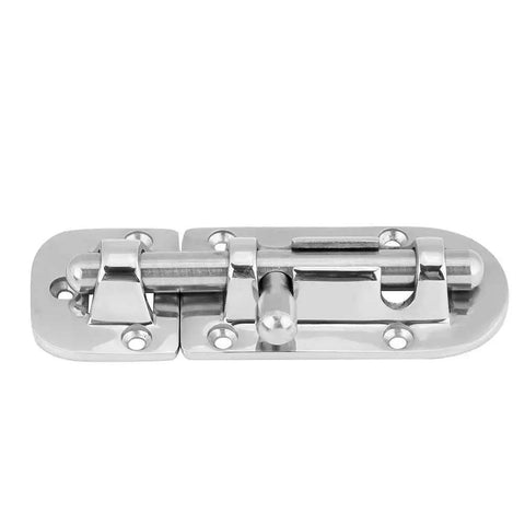 Boat door/window lock latch in silver marine-grade stainless steel with sliding bolt and screw holes, 110mm