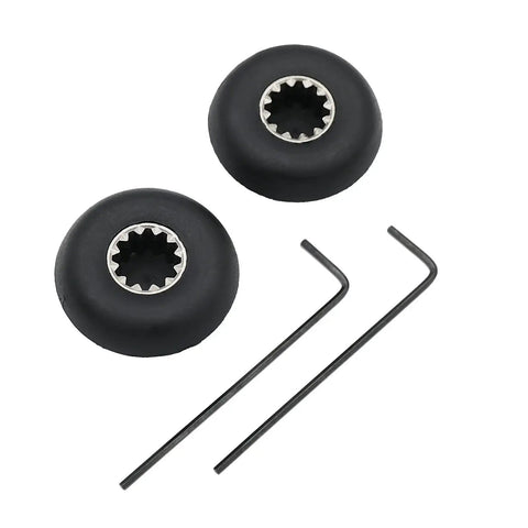 Front view of two black blender drive sockets with metal inner star drive, and two Allen wrenches