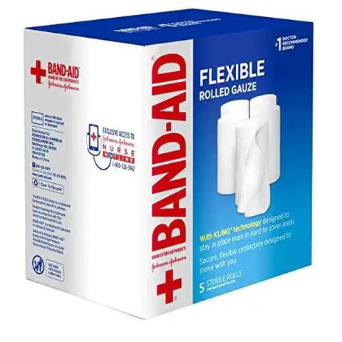 Flexible Sterile Rolled Gauze Dressings For Minor Wounds With Soft Padding And Instant Absorption 3 Inches By 2.1 Yards Value Pack Of 5 Band Aid Brand Of First Aid, packaging view