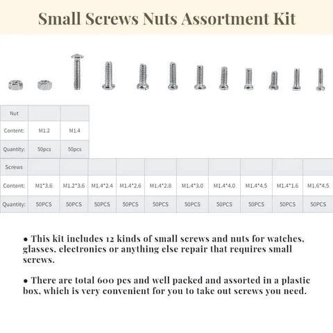 600Pcs Flat Head Screws With Nuts Assortment Kit For Watches And Electronics Includes 12 Sizes M1 M1.2 M1.4 M1.6 Carry Case Handy Fasteners For Home Appliances Glasses And DIY Repairs including diagram of sizes and quantities