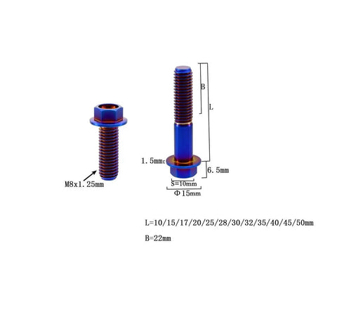Burnt Blue Titanium Flanged Hex Head Bolt M8x1.25x20mm Pack Of 5, detailed size dimensions, aerospace-grade titanium fastener for motorsports.
