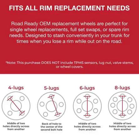 Diagram showing lug patterns for 4-lug, 5-lug, 6-lug, and 8-lug wheels for OEM replacement rims, including installation guidelines.