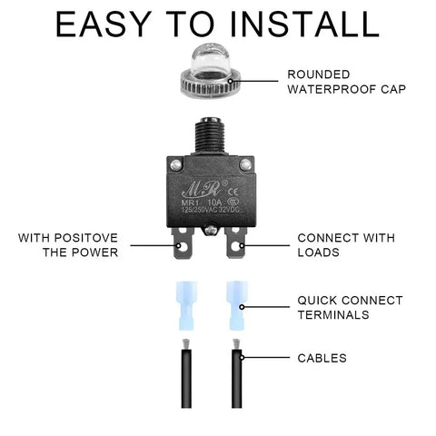 5 Pack Thermal Circuit Breakers 125/250V AC, 32V DC, 10A With Manual Reset Push Button shown with waterproof cover and terminals