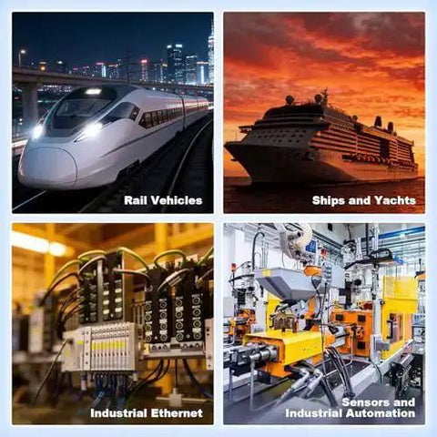 Collage of rail vehicles, ships, industrial ethernet systems, and sensors for automation