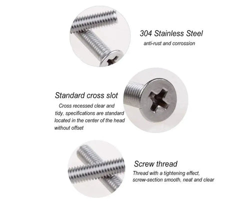 Close-up view of 304 stainless steel M2-M5 Phillips countersunk flat head machine screws with standard cross slot and screw thread