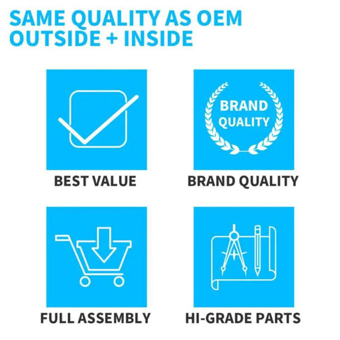 OHGGYQO starter motor product image showing four blue badges: Best Value, Brand Quality, Full Assembly, Hi-Grade Parts