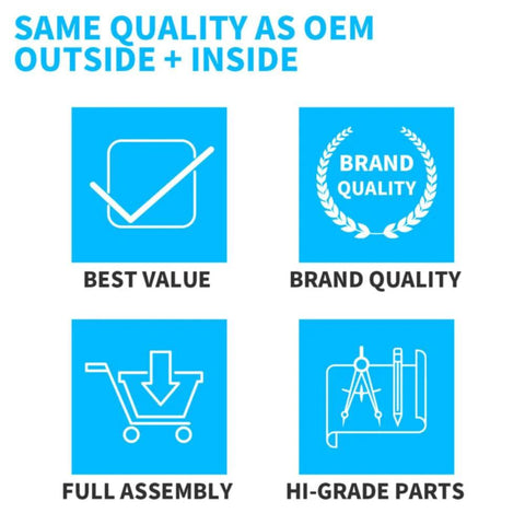 Infographic with text: "Same Quality as OEM Outside + Inside", "Best Value", "Brand Quality", "Full Assembly", "Hi-Grade Parts"
