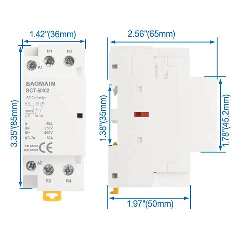 220V AC 2 Pole Contactor With 2 NC Normally Closed Contacts For Fail Safe Control, dimensions for DIN rail mount, front and side view