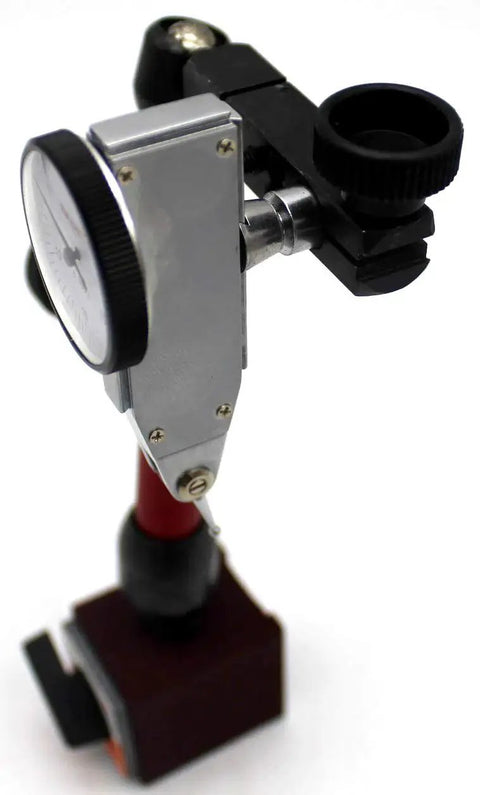 Mini Magnetic Base Indicator Holder With Fine Adjustment For Dial Indicators, 50 Lb Capacity, shown with dial attached