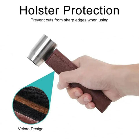 Hand holding Handy Auger Wood Drill For Camping And Bushcraft with leather sheath, highlighting Velcro design for holster protection.