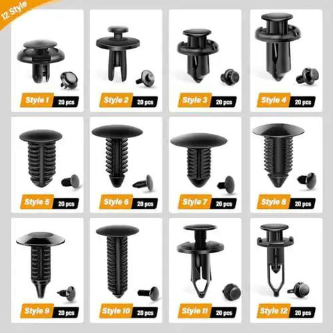Car Bumper Retainer Clips Kit 240Pcs 12 Sizes Push Pin Rivets For Trim Fender displayed with each style labeled.