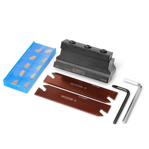 Pro Grade Three Quarters Inch Self Lock Block Tool Holder Set With Adjustable Blade NCIH26 3 And NCIH26 4 Plus Tin Coated GTN 3 And GTN 4 Carbide Inserts For Parting Grooving And Cut Off Jobs SLTBN19 5 Oscarbide, tools laid out with wrenches and blades.