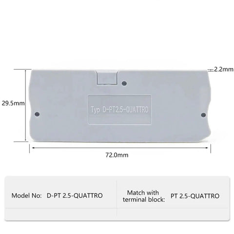 Gray plastic rail end clamp D-PT 2.5-QUATTRO with dimensions, for electrical panels, part of 100 pieces 2.5mm square wire
