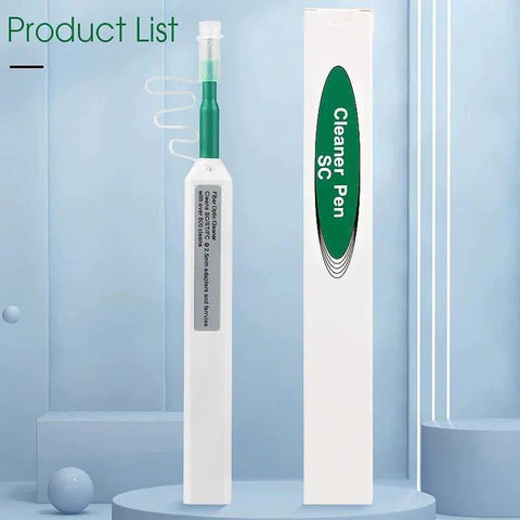 Fiber optic cleaner pen for 2.5mm ferrules, white body with green tip, Amazon brand, SC/FC/ST connectors, with box.