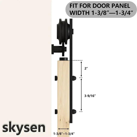 Side view of Sliding Barn Door Roller Set Black I Shape Hanger Set Made From Carbon Steel With Black Powder Coat on door.