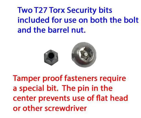 Stainless Steel T27 Torx Security Hardware Kit showing Torx bits for 10/24 shoulder bolts and barrel nuts, text highlights features