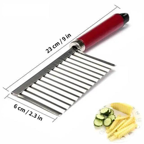 Crinkle Cut Potato Cutter Knife Stainless Steel Wave Slicer with red handle, shown with decorative cuts of potatoes and cucumbers