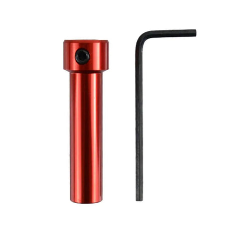 Front view of red anodized aluminum coupling sleeve with hex screw and included L-shaped Allen wrench