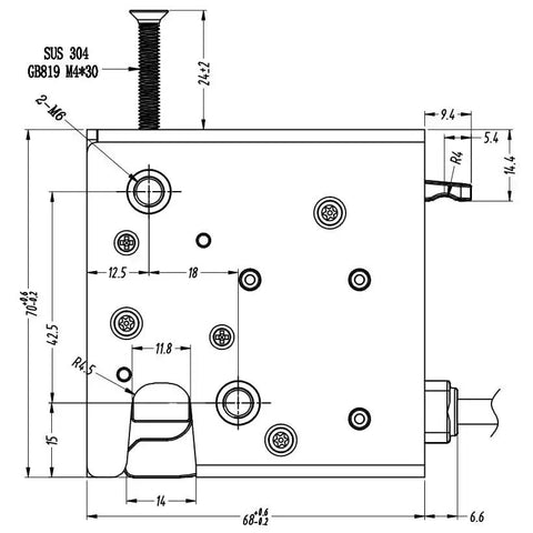 Technical diagram of the 12V Waterproof Electronic Rotary Latch With Motor Servo Locking System for logistics lockers, model ST7070.