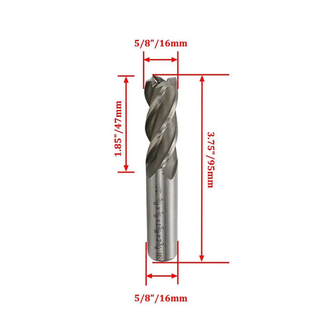 Rugged Five Eighths Inch End Mill Bit With Four Flutes HSS High Speed Steel Milling Cutter For Side And End Milling 5/8 in shank dimensions