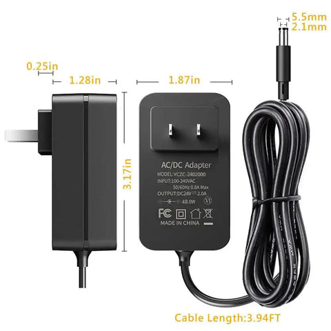 AC To DC 24V Power Supply Adapter For LED Strip Lights Surveillance Cameras CCTV External Hard Drives Monitors And More With Four Foot DC Cord And 2A Output, front and side view with dimensions