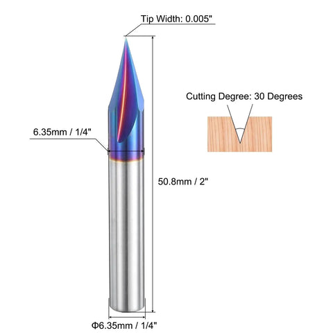 V Groove Engraving Router Bits For CNC 30 Degree 3 Flutes One Quarter Inch Shank Nano Coated Carbide End Mill close-up view