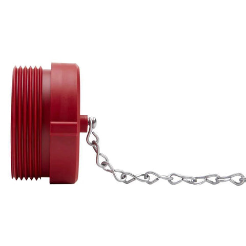 Side view of 2 1/2 Inch NH NST Red Plastic FDC Plug With Rocker Lug Thermoplastic Not For Pressure Applications Male Side Connects Only