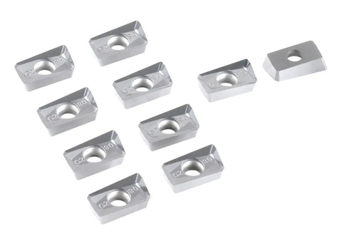APKT160408-LH Carbide Inserts For Aluminum Machining 10 Pack, uncoated, with four cutting edges, shown side view.