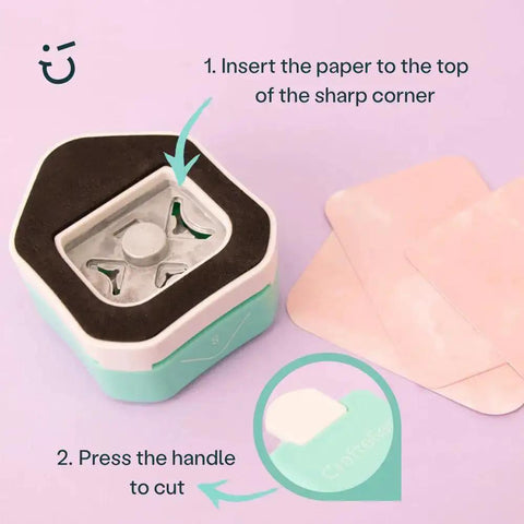 Image of a 3 In 1 Corner Rounder Punch For Scrapbooking And Card Making With Three Radius Settings, shown on a table with sample papers.